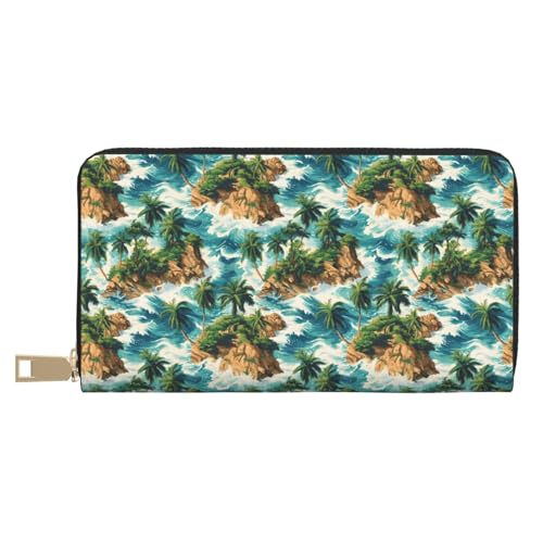 Tropical Hawaiian Island Print Wallet Women, Leather Bifold Multi Card Wallet, Long Purse Women's Wallets