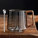 Smokey Gray Glass Slanted Coffee Cups With Wooden Handle, Creative Wonder Mountain Bottom Wood Handle Water & Tea Cup, 15.2oz Retro Clear Glass Coffee Mug, for Coffee & Tea Lovers (Smoke Gray*1)