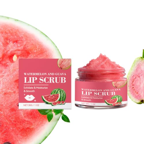 Image of Watermelon & Guava Lip Scrub, Gentle Exfoliating Lip Scrub for Dry Chapped Lips, Moisturizing Sugar Lip Scrub, Hydrating Lip Care Treatment, Smooth Soft Lips for Women Men Daily Lip Beauty Care
