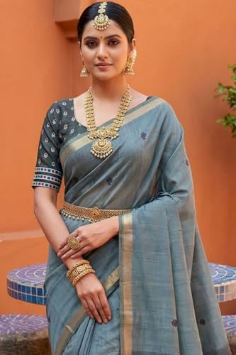 Image of SGF11 Women's Soft Cotton Linen Silk Saree With Unstitched Blouse Piece