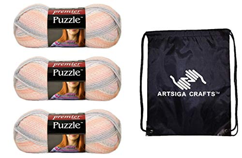 Premier Yarns Puzzle Cat's Cradle 1050-17, 4 Alternating Colors for Unique Banded Effect, 3 Skeins Same Dye Lot, 100% Acrylic Soft Acrylic Bundle with 1 Artsiga Craft Bag