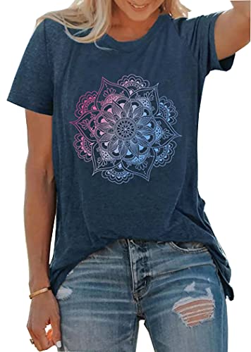 Mandala Shirt For Women Lotus Flower Graphic Tees Short Sleeve Casual Mandala T Shirts Tops (Blue-1, Medium) #TOP1