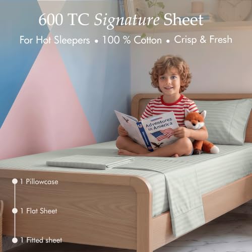 Image of Threadmill 600TC Cotton Twin XL Sheet Set, Sateen, Damask Stripe, Grey