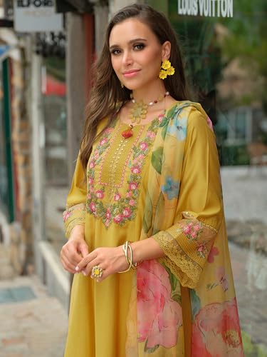 Image of INDO ERA Women's A-Line Silk Blend Floral Embroidered Kurta & Pant with Dupatta Set (IEOUT10970)