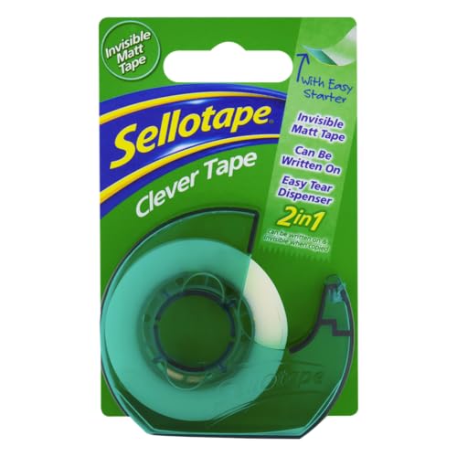 Image of Sellotape Invisible Matt Clever Tape with Dispenser, Easy tear, Can be written on & Invisible when Photocopied, Ideal for Repairing & Joining Documents,Labelling files, School & Office use(18mm x 25m)