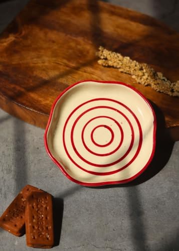 Image of WEAVING HOMES Red Lined Handmade Dessert Plate, Size: 11 cm Microwave & Dishwahsher Safe (Set of 1)