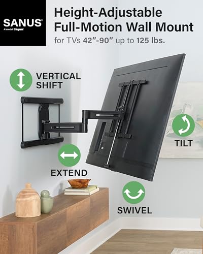 Image of SANUS Height Adjustable Full Motion TV Wall Mount for 42 inch to 90 inch TVs - Raise or Lower TV 4 inch After Install - Maximizes Compatibility with Your Setup - 3 Step DIY w /Smooth Extension, Tilt & Swivel