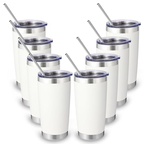 Volhoply 20oz Stainless Steel Tumbler with Lid and Straw Bulk 8 Pack,Double Wall Insulated Travel Iced Coffee Mug Fits Cup holder,Powder Coated Cups for Hot/Cold Drinks,Gifts for Women（White,8 Set） by Volhoply - Used condition - US$38.99