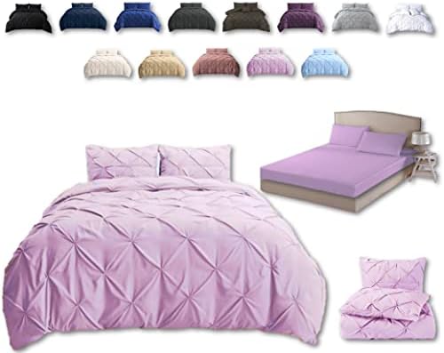 TheWhiteWater Double Duvet Set - 3 in 1 Double Bedding Set - Duvet Cover + Fitted Bed Sheet + Matching Pillowcases - Natural Cotton + Virgin Polyester - Hand Stitched Pintuck Pleated Cover (Pink)