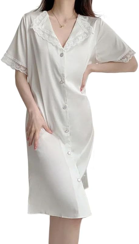 [売店] 婦人用サテンローブ、 レディース 半袖 ナイトガウン レース刺繍 コットン スパンデックス ホワイト 複数サイズ