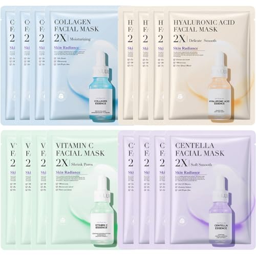 JORUN 16 Pcs Essence Hydrating Sheet Face Mask Set - Korean Sheet Masks Moisturizing,Anti-Aging, Brightening Face Masks Beauty Multipack - Vegan Face Mask Skincare for All Skin Types