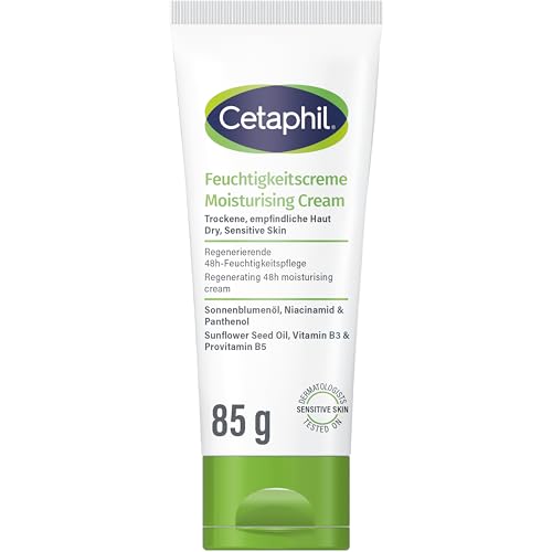 Cetaphil Feuchtigkeitscreme, 85ml, Für trockene, empfindliche Haut, Spendet intensiv 48h Feuchtigkeit und stärkt die Widerstandskraft, Mit Vitamin B3, Provitamin B5, Sonnenblumenöl, Mandelöl, Glycerin