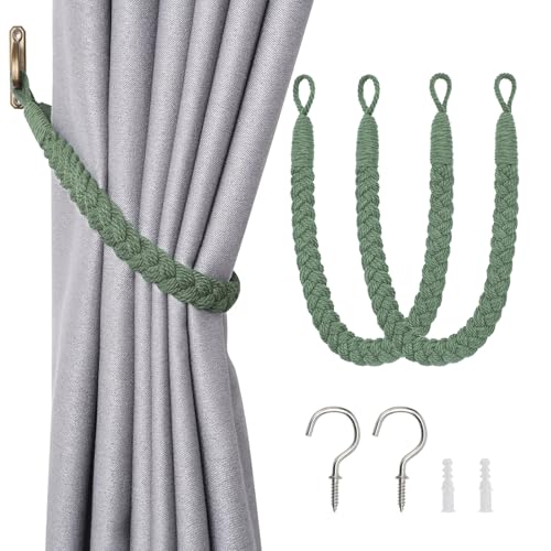 Image of Pretty Jolly 2 Pack Natural Cotton Rope Curtain Tiebacks Elegant Boho Style Decorative Drape Tie Backs Soft Hand-Woven Rope Curtain Holdbacks with Metal Hook for Home & Office Drapery (Green)