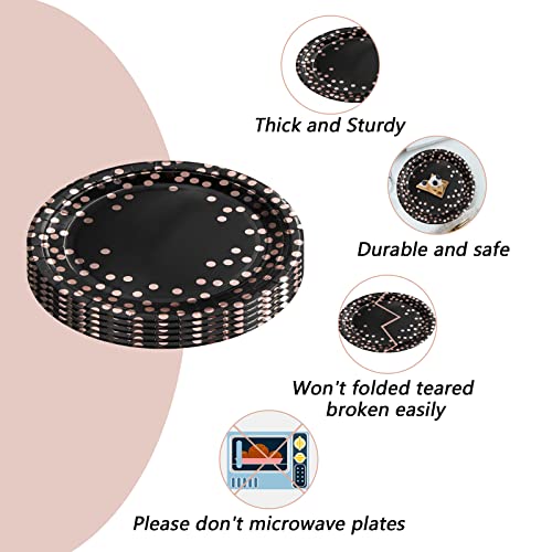 Disposable Paper Plates Round Black And Rose Gold Dots 50 X 7" Plates，Black And Rose Gold Plates Foil Polka Dots Paper Plates Party Supplies For All Occasions 50 Pcs #TOP4