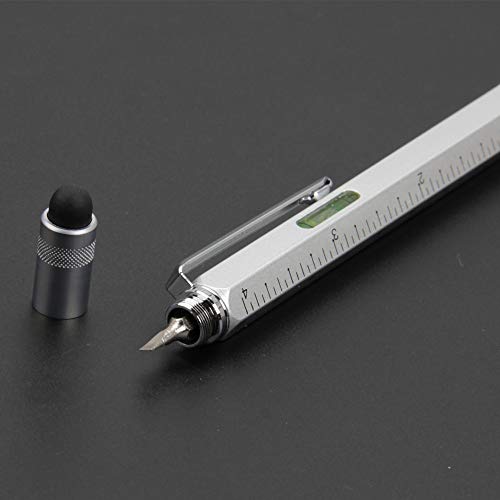 Falytemow 6 in 1 Multi Tool Tech Pen Multifunction as 0.7mm Black Ballpoint Pen Touchscreen Stylus Ruler Level Flathead and Phillips Screwdriver Cool Pen for Christmas or Valentine Gift 2pcs Silver - Thumbnail 2