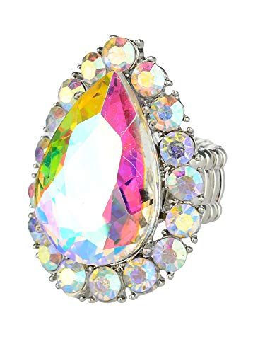 NYFASHION101 Women's Teardrop Stone Studs Fashion Stretch Ring, Aurora Borealis/Silver-Tone