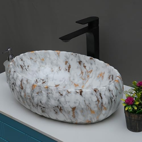 Image of Designer Glossy Finish Table Top Ceramic Wash Basin Vessel Sink | Collapsible Wash Basin (White-Gold - 20 x 14 x 5.5 Inch)