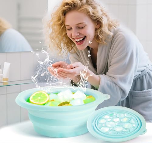 Image of PANCA Foldable Silicone Face Bowl with Built-in Ice Tray | Portable Ice Facial Bowl for Home Ice Baths & Skin Therapy (Blue)