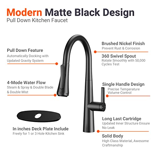 Kitchen Faucet With Pull-Down Sprayer, Lepo Matte Black 4-Function Kitchen Pull Out Faucet, Modern High Arc Single Handle Kitchen Utility Rv Bar Sink Faucets With Deck Plate (Matte Black) #TOP7