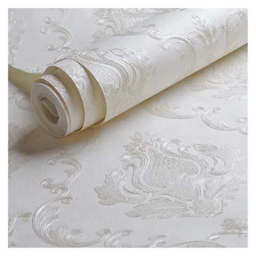 OZLCUA Papel Pintado Papel tapiz de damasco en relieve blanco cremoso for dormitorio, sala estar, fondo con estampado floral, papel texturizado 3D, decoración del hogar(2mx53cm)