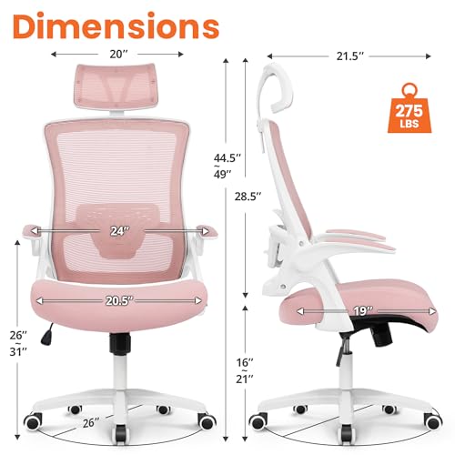 Image of NEO CHAIR Ergonomic Office Desk Chair High Back Computer Gaming Mesh Chair with Comfy Task Adjustable Arms Lumbar Support Headrest Swivel for Home Office (Pink)