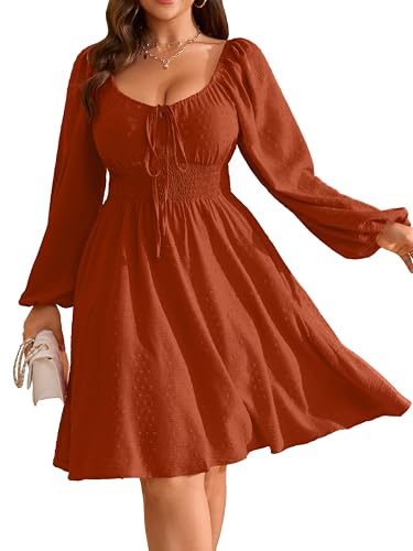 RWJ Women's 2025 Fall Wedding Guest Dresses Long Sleeve Smocked Square Neck Swiss Dot Party Plus Size Mini Dress
