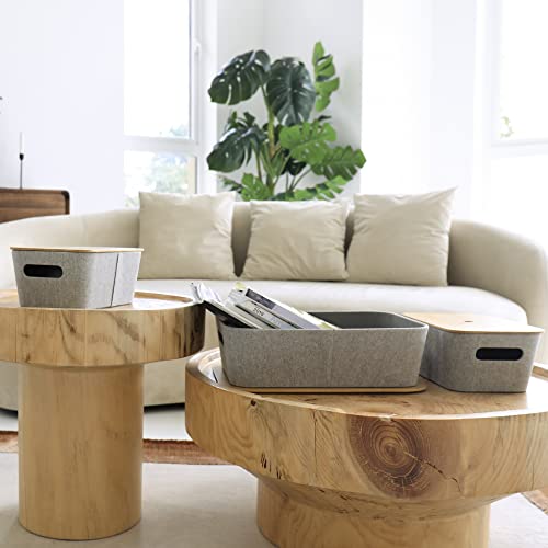 La Jolie Muse Modern Storage Basket With Bamboo Lids, Decorative Stackable Basket Container For Shelves Table Bookcase Office Organizing, Mid-Century Storage Organizer Bins Set Of 3, Light Gray #TOP2