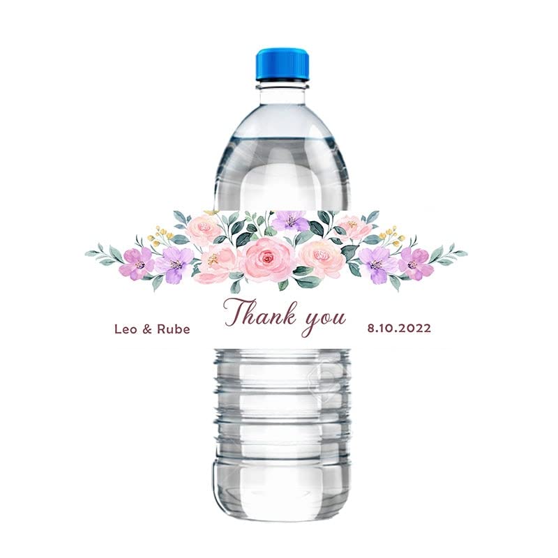 30pcs Customize Thank You Wedding Label with Floral Watercolor Water Bottle Labels Print Your Name Date Bridal Party Decor (D)