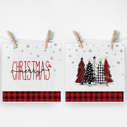 Artoid Mode Toalhas de prato preto vermelho Feliz Natal, 25 x 25 cm, xadrez búfalo, árvores de Natal