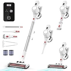 Akku Staubsauger Kabellos Vacuum Cleaner – 3-In-1 Akkustaubsauger Kabelloser Weiß Akkusauger Cordless mit Licht Stabstaubsauger ohne Kabel mit Display für Tierhaare Teppiche Hartböden Auto