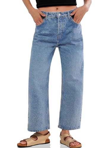 Cicy Bell Womens Baggy Horseshoe Jeans Boyfriend Wide Leg Vintage Mid Rise Cropped Denim Pants
