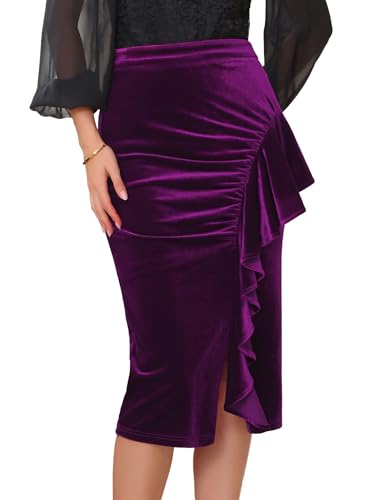 Women's Evening Bodycon Skirt Ruffled Ruched High Waist Formal Cocktail Midi Velvet Skirts