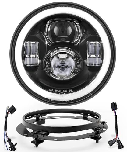 New Version Motorcycle 7 Inch LED Headlight Halo Kit Compatible with Harley Touring Street Glide Road King Electra Glide Ultra Classic Fat Boy Heritage Softail with Bracket DRL