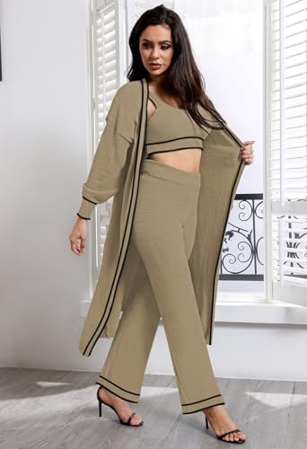 Image of Fixmatti Women's Fuzzy 3 Piece Sweatsuit Open Front Cardigan Crop Tank Tops Wide Legs Pants Lounge Sets