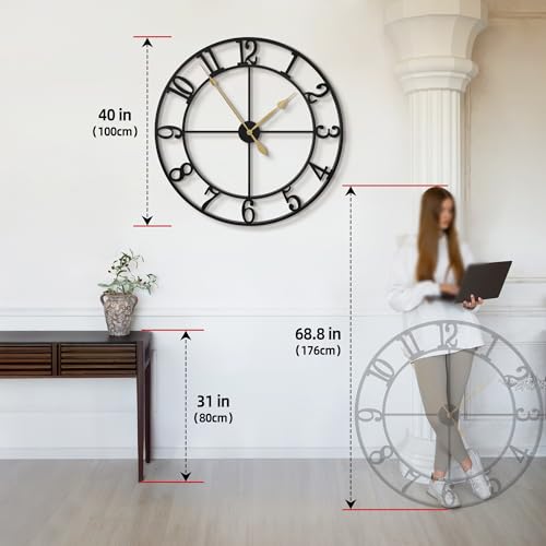 LEIKE 40 Inch Extra Large Wall Clock, Decorative Oversized Arabic Numerals Battery Operated Black Metal Wall Clocks for Living Room,Kitchen,Office, Farmhouse,Entrance Decor