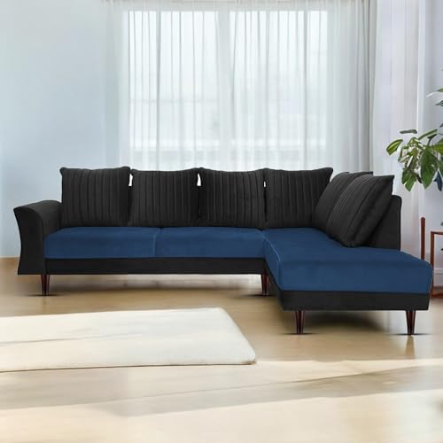 Image of Gratly RHS 4 Seater L Shape Sofa Set for Living Room (Blue Black Colour) Premium Fabric Sofa