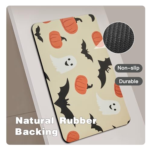 Halloween Bath Mat, Thin Bathroom Rug Non Slip Quick Dry Pumpkin Bath Mat Fits Under Door Thin Floor Mat Halloween Decor, 17''x30'', Pumpkins Bats and Ghost