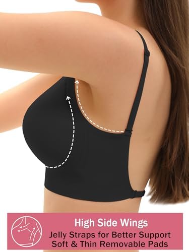 BOUFOR Low Back Bra Padded Bralettes for Women Backless Smoothing Invisible Wireless Lifting Convertible Bras, Black, X-Small