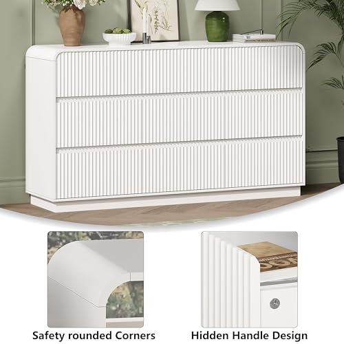 Image of Wodeer White Dresser Fluted 9 Drawers Dresser for Bedroom, 59 inch Wide Wood Chest of Drawers with Hidden Handles & Rounded Corners, Modern TV Stand Storage Cabinet for Living Room, Hallway, Entryway