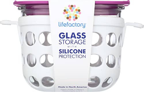 Lifefactory 2 Cup BPA-Free Glass Food Storage and Bakeware with Protective Silicone Sleeve and Lid, Optic White and Huckleberry