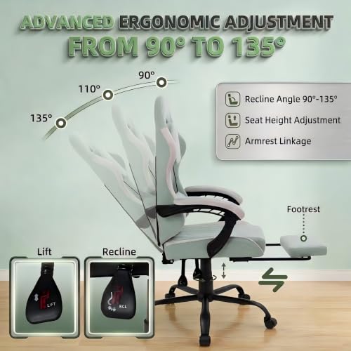Image of Video Gaming Chair, Ergonomic Office Chair with Footrest, Lumbar Support and Linkage Armrests, Swive Home Video Game Chairs for Adults, Mint Green