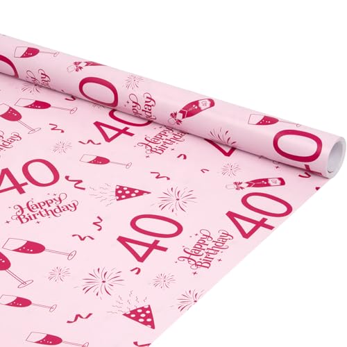 6 m x 43 cm Geschenkpapierrolle zum 40. Geburtstag, rosa Geschenkpapier für Geburtstagsgeschenke