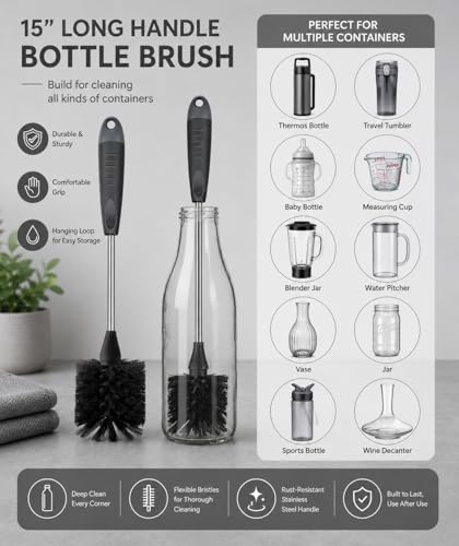 Image of 3Pcs Bottle Cleaner Brush Set, 15 inch Long Handle Washing Bottle Cleaning Brushes for Narrow Neck Water Bottles Tumblers Straws Coffee Mugs Sport Bottles Flasks and Thermos Lid Cup Brush