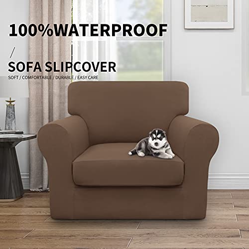 Image of Easy-Going Waterproof 2 Pieces Chair Cover Couch Covers for Sofa | Stretch Spandex Sofa Cover Protector Elastic Bottom for Cushion Couch Dog Pet Friendly Living Room Brown