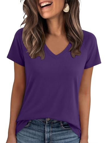 ANRABESS Womens Tops Short Sleeve V Neck Shirts Summer Basic Tee Trendy Cute Tshirts 2026 Spring Casual Outfits Dark Purple Small