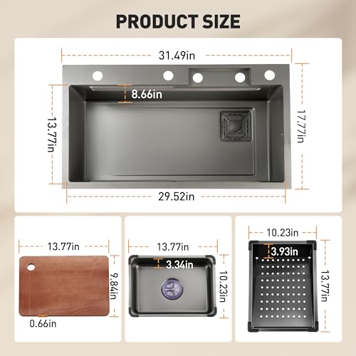 Rengue Waterfall Kitchen Sink, Drop In Single Bowl, Gray 304 Stainless Steel Workstation with Pull-Out Faucet and Multiple Accessories, 31.4917.778.66 Inch, RG-KSK01