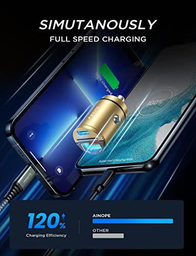 AINOPE 60W USB C Car Charger Fast Charging for iPhone 17 Pro Max Plus,[Smallest Metal] Car Charger USB C PD30+QC30W 3.0 Dual Port Cigarette Lighter Charger for iPhone 16 15 Samsung, Gold Kits — view 3