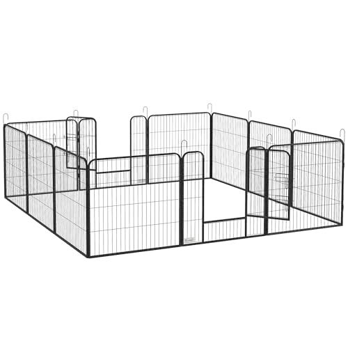 PawHut Recinto per Cani di Piccola Taglia a 12 Pannelli Modulabili da 80x1.5x80 cm, Box per Cani e Cuccioli Pieghevole con Porta in Acciaio con 12 Picchetti, Grigio