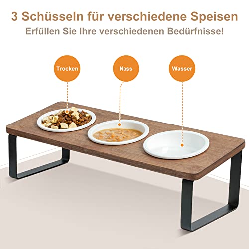 Ergonomischer Katzennapf Guusii Home mit erhöhtem Holzgestell und Keramikschalen