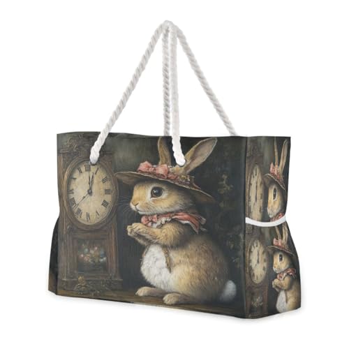 Rabbit and Clock Beach Bag & Travel Tote Bag Large Sandproof with Zipper Closure, Wet Pouch for Swim Gym Travel, Lightweight Foldable Outdoor Bag